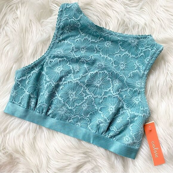 Colsie Light Aqua Blue Floral Lace High Neck Bralette - Picture 1 of 5